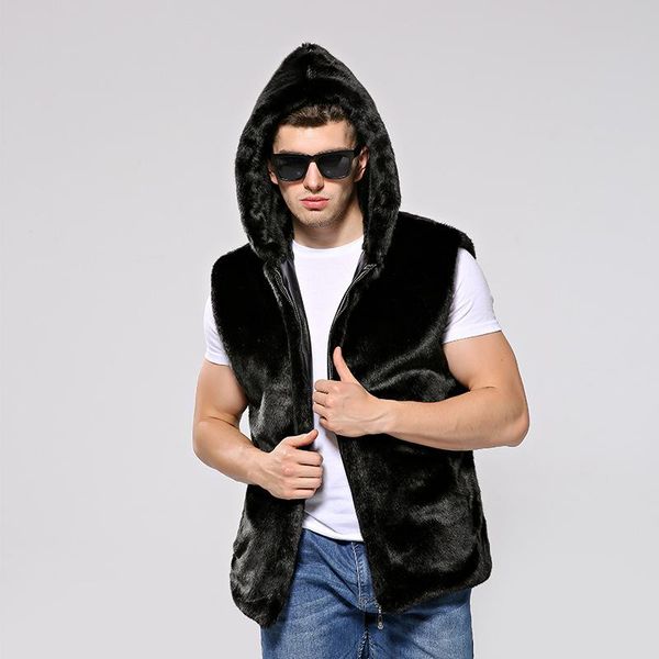 

men's fur & faux spring autumn fashion hooded vest men casual plus size coat man solid stand sleeveless outwears mw481, Black