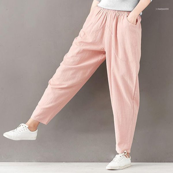 

new vintage cotton linen harem pants trousers women summer elastic high waist women pants casual sweatpants pantalon femme c431211, Black;white