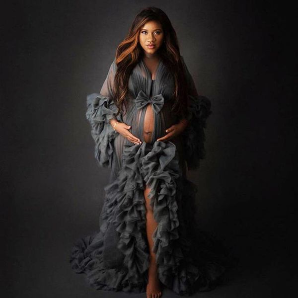 

gray illusion ruffles tulle long sleeve women winter kimono pregnant party sleepwear women bathrobe sheer nightgown robe, White