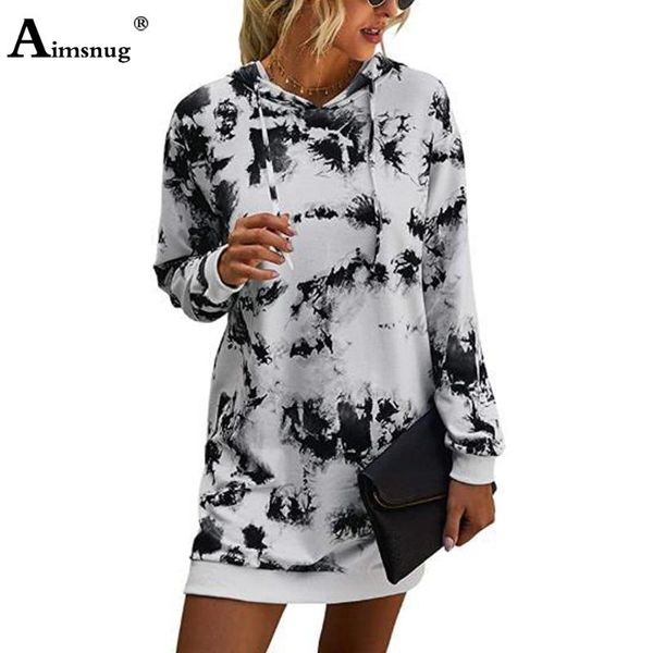 

casual dresses aimsnug long sleeve women short dress 2021 spring fashion tie dry hooded loose hip hop vestidos femme, Black;gray