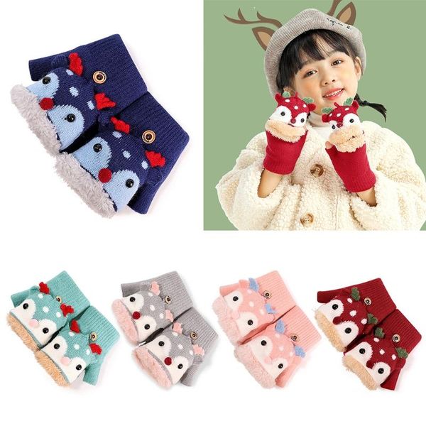 

toddler kids winter knitted convertible gloves christmas cartoon reindeer warm plush lined flip fingerless mittens, Blue;gray