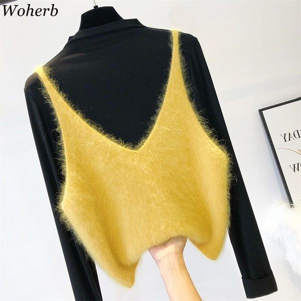 

woherb knitwear vest imitation mink velvet warm knit tank v-neck sleeveless pullover ladies short sweet sling jumper 94101 201202, White;black