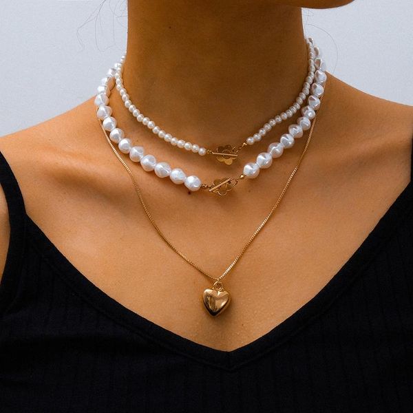 

wanglufei punk imitation pearl heart pendant choker necklace for women vintage wedding chain necklace women trendy neck jewelry, Silver