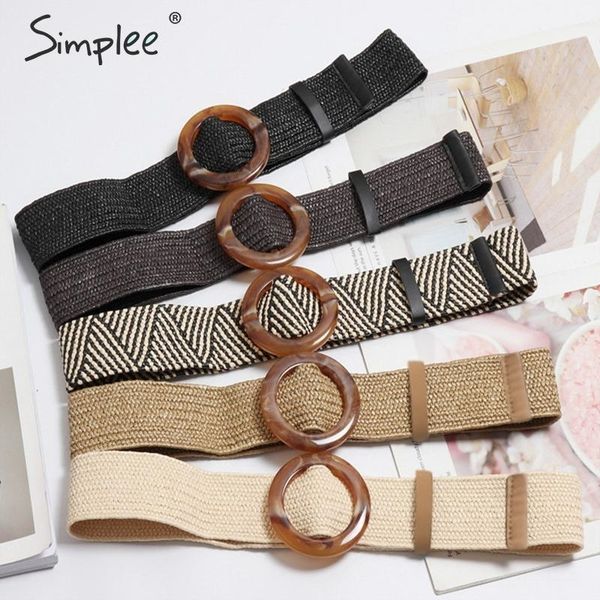 

simplee bohemian wide belt for women straw buckle belt decoration dress belt casual female braided wide strap jade accessories y200428, Black;brown