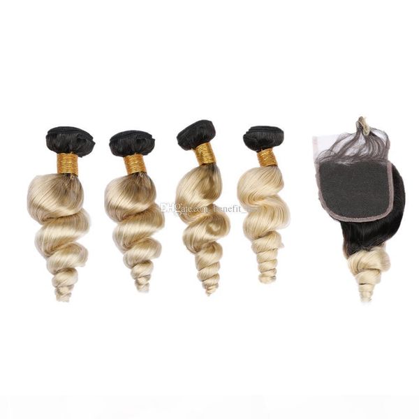 

ombre color 1b 613 loose wave 3bundles with lace closure loose curly hair extensions with ombre colored 1b 613 part closure, Black;brown