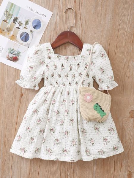 

baby polka dot & floral print textured puff sleeve shirred dress she, Red;yellow