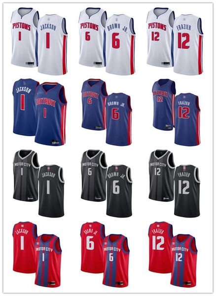 

mens womens youth detroit pistons 1 reggie jackson 6 bruce brown jr. 12 tim frazier blue white red custom basketball jerseys, Black;red
