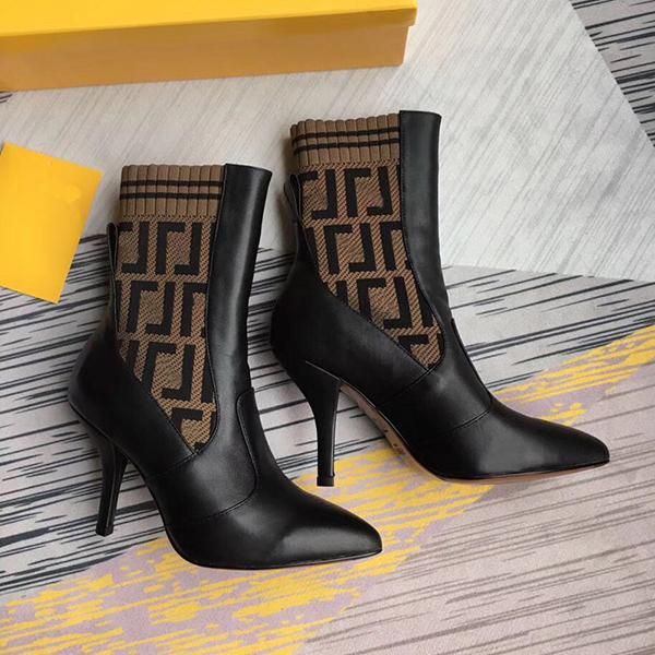 

fashion women knitting sock ankle boots slim high heel of 9.5cm real leather womens skinny feet boots breathable elastic boots, Black