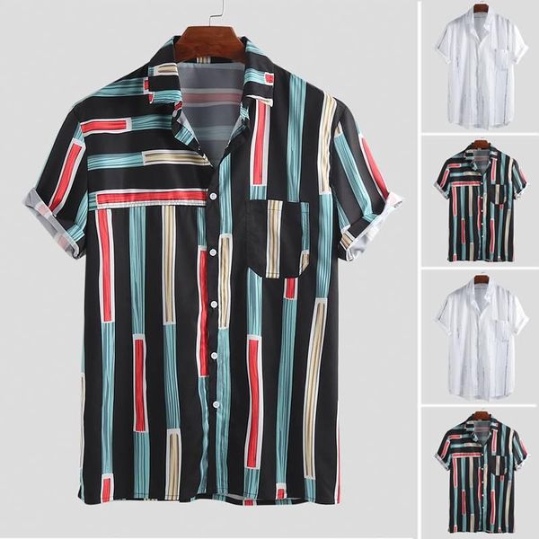 

2020 striped patchwork men shirt lapel neck button streetwear summer hawaiian shirts men vacation short sleeve, White;black