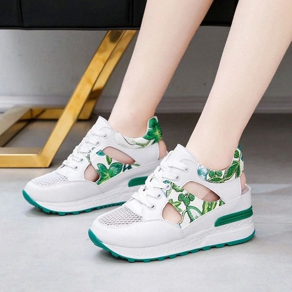 

lucyever vintage print wedges shoes for women fashion hollow out chunky platform sandals woman outdoor mesh sneakers mujer 2020 #592u, Black