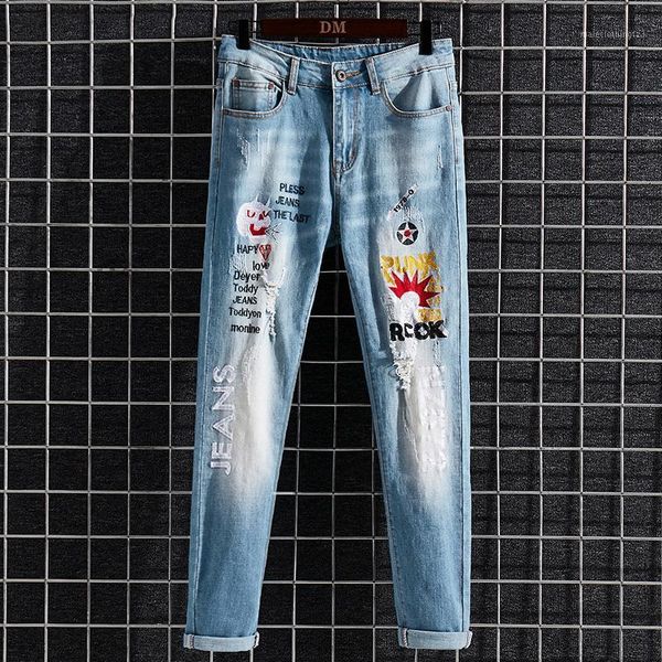 

men's jeans men's fashion ripped letter embroidery streetwear hip hop slim trousers 2021 casual denim pants male brand clothes1, Blue