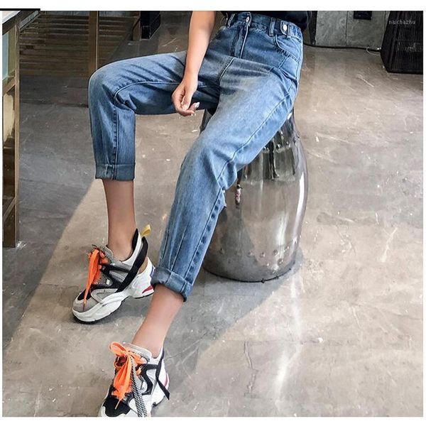 

high waist jeans female 2020 new style summer harem pants loose straight net red elastic waist dad pants1, Blue