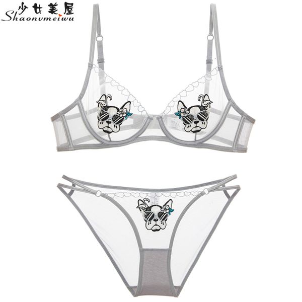 

original design] transparent embroidery see-through animation underwear set ultra-thin bra for women c1212, Black;white