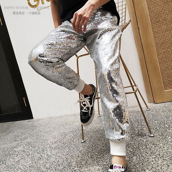 

2020 sequins dress new performance stage singer casual male fashion pants erkek pantlon spring qo1a, Black