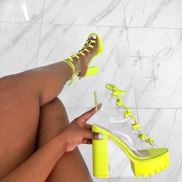 

summer women sandals 2020 clear heels open toe lace-up platform shoe high heel transparent sandals block heels strippteas1, Black