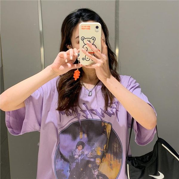 

summer sweet girl vintage graphic purple print cotton fun korean harajuku streetwear oversized casual women short sleeve t shirt, White