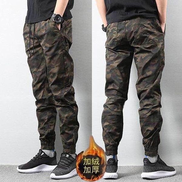 

autumn and winter men's camouflage pants all-match pants male korean version of the trend plus velvet thickened sports overalls, Black