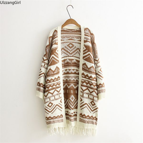 Vintage Boho Folk Fashion Graphic Cardigan allentato Maglione Inverno Autunno Primavera Nappa Lungo Outwear Knit Cape Top Soprabito coreano LJ201112