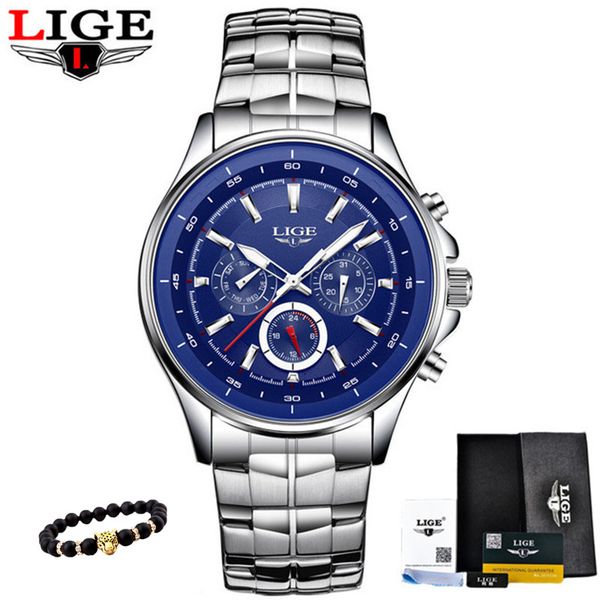 

lige watches men fashion brand multifunction chronograph quartz watch man sport wristwatch male clock relogio masculino, Slivery;brown