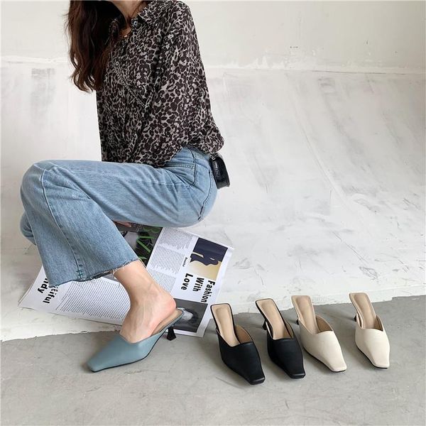 

slippers 2021 fashion design ladies square-toed low-heeled slippers, high-heeled flip-flops outside, Black