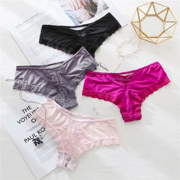 

2020 silk underwear women's traceless hollow low waist lace briefs, Black;pink