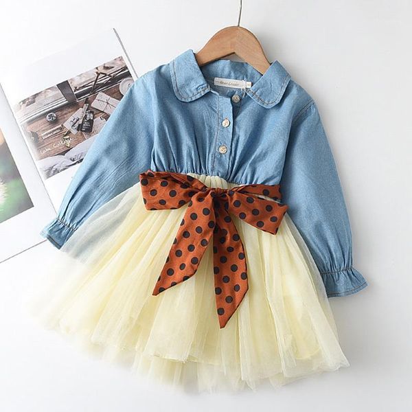 

girl's dresses menoea spring toddler kid dress long sleeve denim girls children clothing dots pattern bow princess kids clothes1, Red;yellow