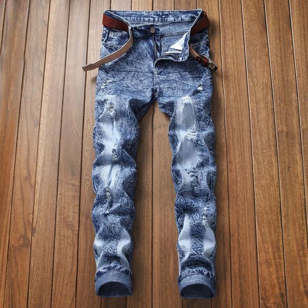 

fashion men plus size cowboys trousers casual trend personality design snow wash ripped jeans slim stretch wish denim jean pants, Blue