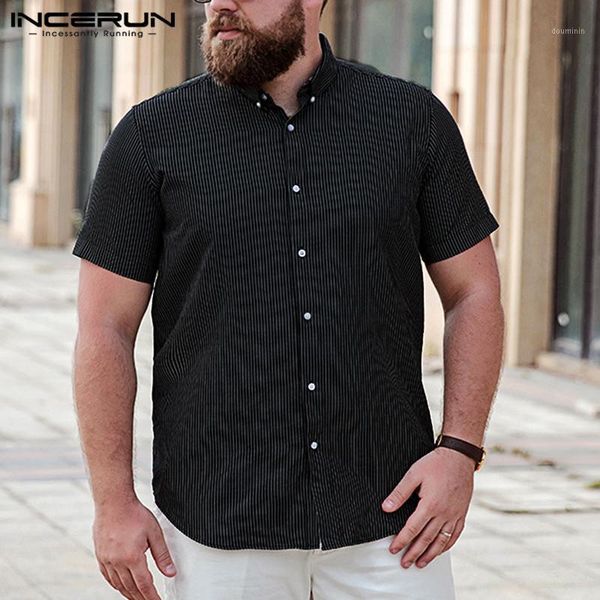 

incerun men striped shirt short sleeve summer lapel loose casual breathable business brand shirts men camisa masculina s-5xl1, White;black
