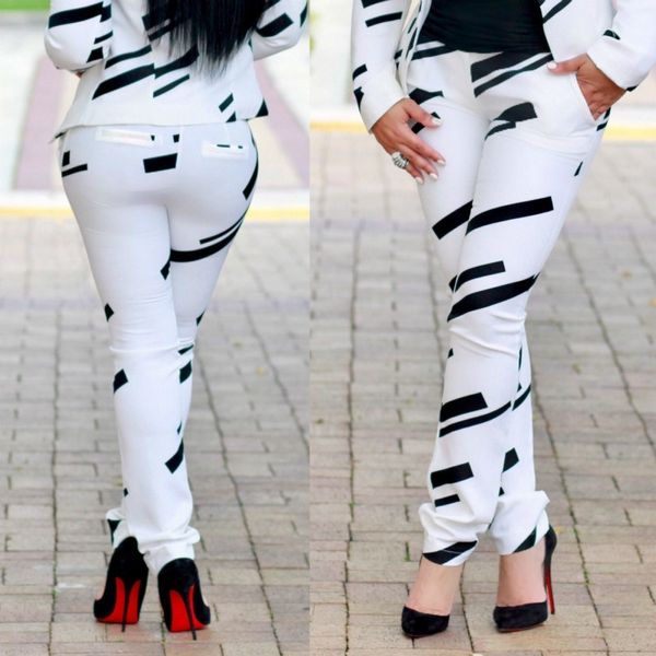 Moda feminina Black White Listrado Impressão Ombro Casaco + Calças Dois - Peça Set Low Luv 201106