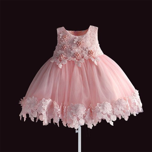 

new born baby girl dress pink lace baby wedding party ball gown pearl sleeveless girls christmas clothes vestido infantil - lj201221, Red;yellow