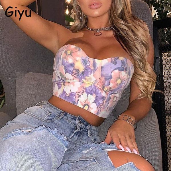 

giyu vintage floral printed vest blouse women 2020 summer club casual off shoulder backless sleeveless crop shirts1, White