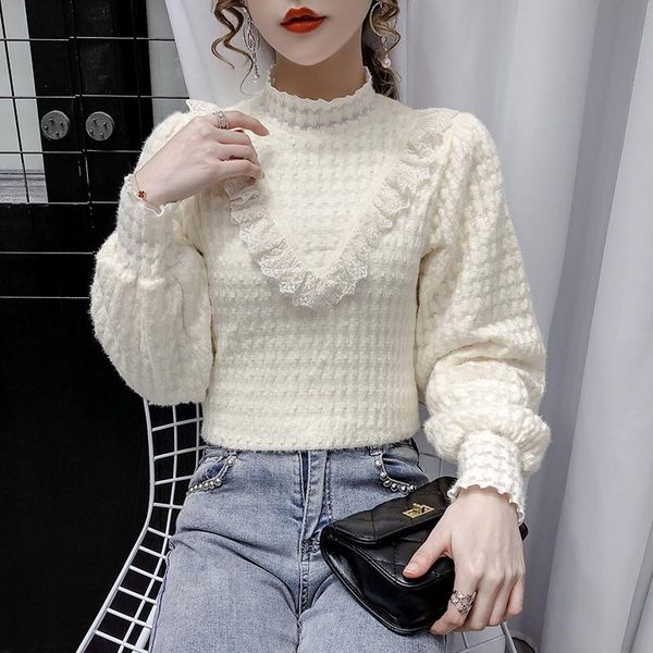 

women's blouses & shirts korean temperament half-turtleneck lace bottoming shirt 2021 autumn winter long sleeve plus velvet thicken blo, White