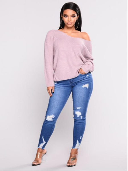 

chic fashion ladies high waist stretch hole straight leg denim pants ladies temperament casual jeans solid color1, Black;white