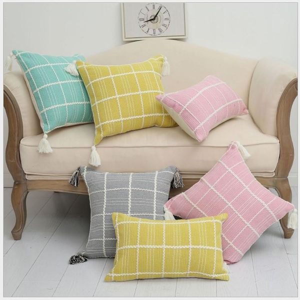 

cushion/decorative pillow thick cotton lattice tassels cushion cover pink grey blue geometric home decoration 45x45cm/30x50cm pillowcase