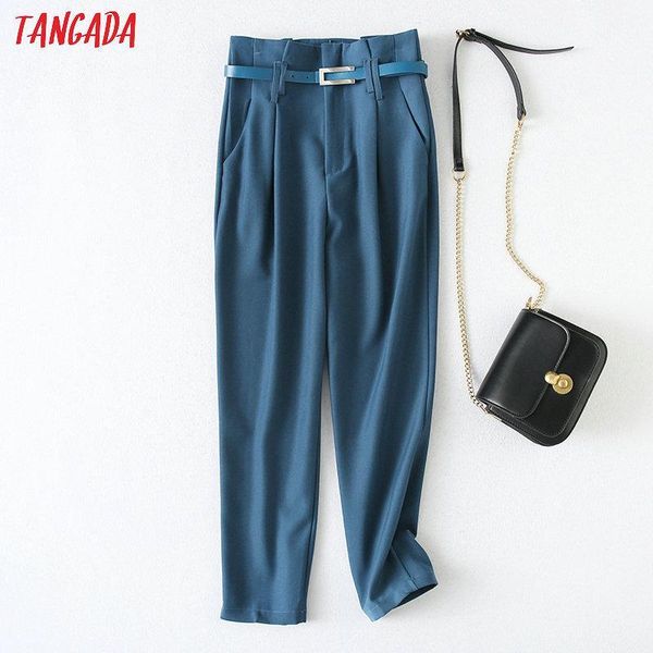 

tangada fashion women blue high waist suit pants trousers with belt pockets buttons work pants yu091, Black;white