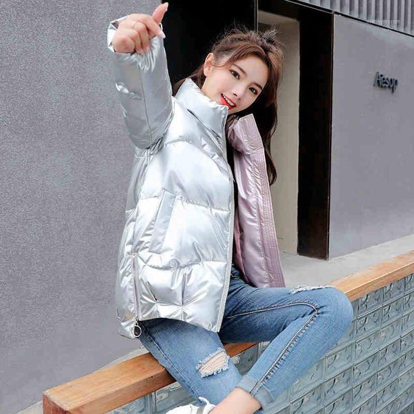 

women's down & parkas 2021 fashion glossy cotton short women jacket winter coat korean loose stand collar ladies outerwear casual 1, Black