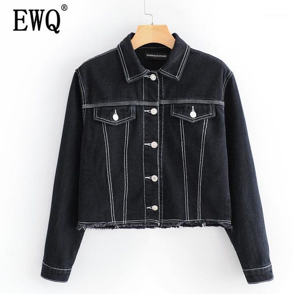 

[ewq] spring autumn new turn-down collar loose trend coat feminino long sleeved contrast denim jacket femme 2019 nouveau qj300011, Black;brown