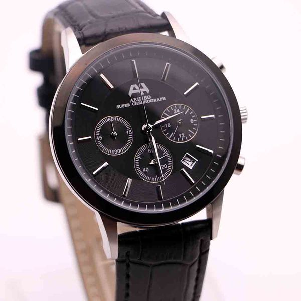 

aehibo quartz battery all subdials working mens watch index hour marker watches 43mm black dial super chronograph hardlex wristwatches, Slivery;brown