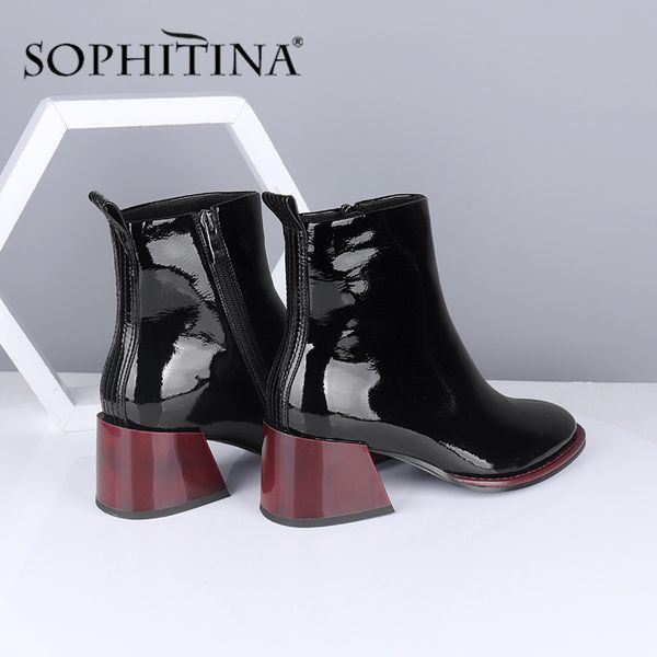 

sophitina new spring women boots round toe square heels med comfortable warm water-proof casual black patent leather boots c704 t200425