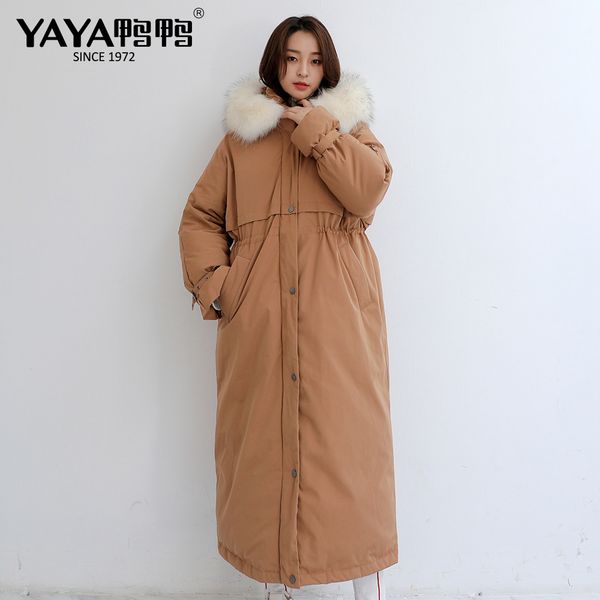 

yaya winter women's new extended over knee loose casual wide waist down jacket real fur collar hooded warm windproof coat c1204, Black