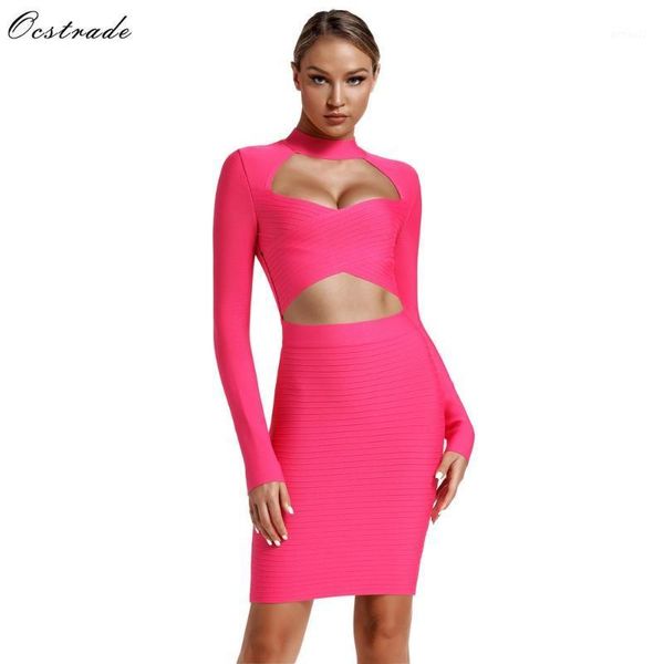 

casual dresses ocstrade vestidos bandage dress 2021 women fashion pink cut out club party long sleeve bodycon1, Black;gray