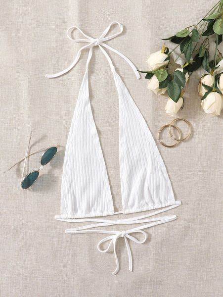 

plunging neck crisscross tied backless halter g0nc#, White