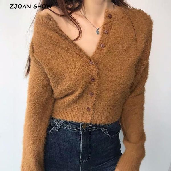 

2020 autumn stylish knitting single breasted cardigan shaggy sweater woman round collar long sleeve jumper knitwear 5 colors, White