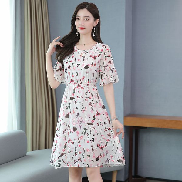 

temperament waist thin floral print half lotus leaf sleeve o-neck knee-length a-line elegant chiffon party cocktail dress 9429, Black