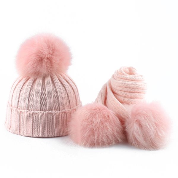 

baby winter hat and scarf for girls boys children real fox fur pompom knitting beanie hats kids 3 pieces pom pom hat y201024, Blue;gray