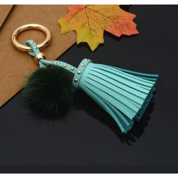 

leather tassels with mink fur ball key chain with one tassels for car keychain bag key ring jewelry eh811 f bbykgs, Slivery;golden