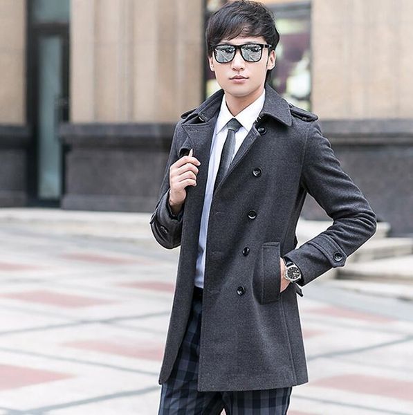 

grey casual woolen coat men trench coats winter long sleeves overcoat mens cashmere coat casaco masculino inverno erkek england, Black