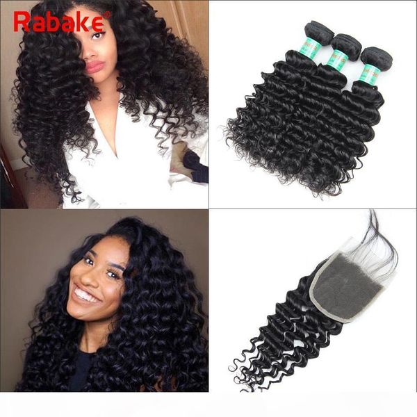 

8a brazilian virgin hair bundles with closure 100% brazilian deep wave unprocessed human hair weave bundle deals bleached knots lace closure, Black;brown