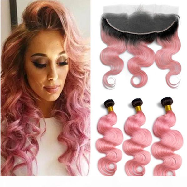 

dark roots ombre pink body wave peruvian human hair 3bundles with frontal #1b pink ombre full lace frontal 13x4 with weaves hair bundles, Black