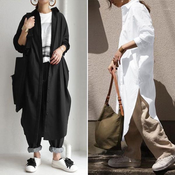 

zanzea stylish shirt women autumn long sleeve blouse casual split long plus size lapel neck cardigan solid loose blusas1, White